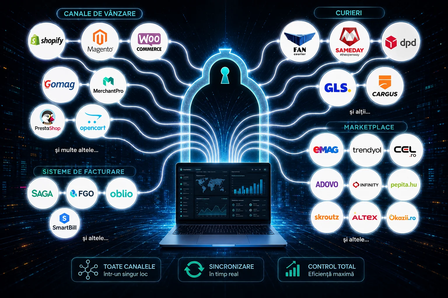 Magazine, marketplace-uri, curieri și sisteme de facturare conectate prin PortaSales la un singur laptop